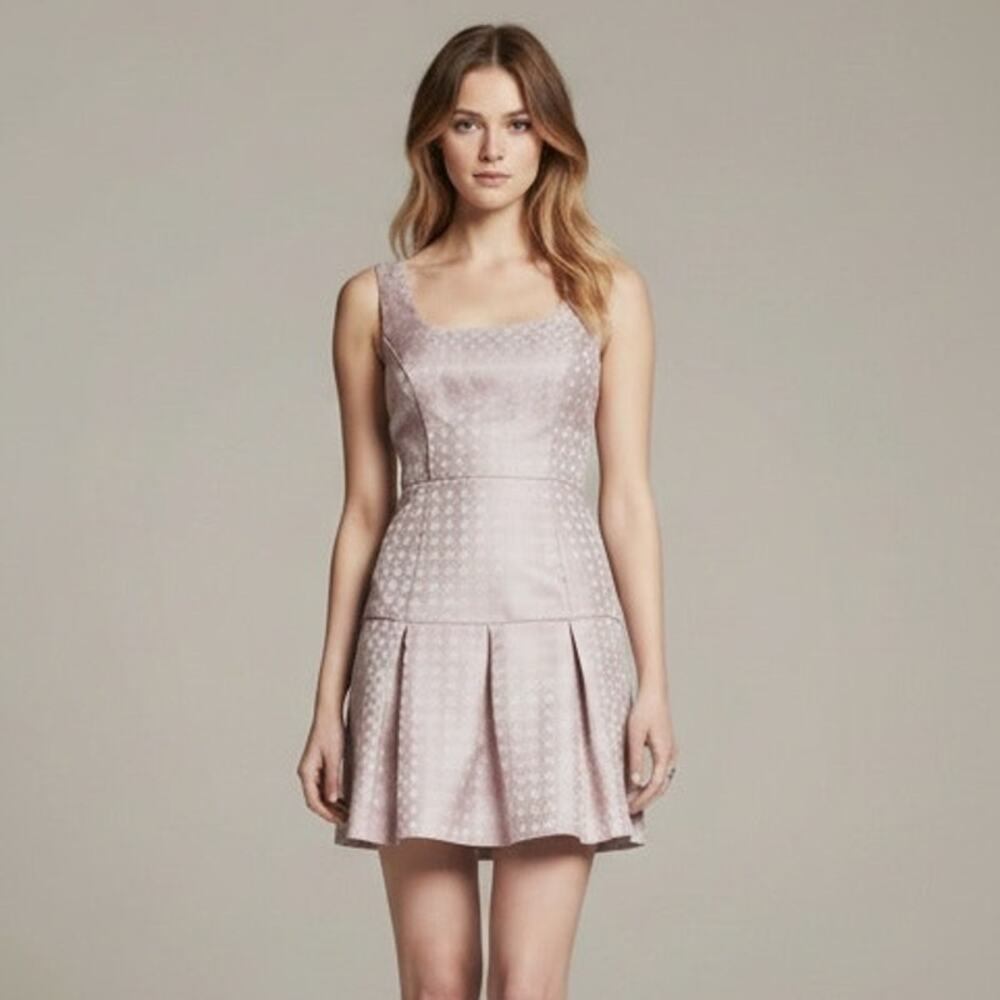 Banana Republic Monogram Pink Jacquard Dress Pleated Drop Waist Square Neck Sz 2